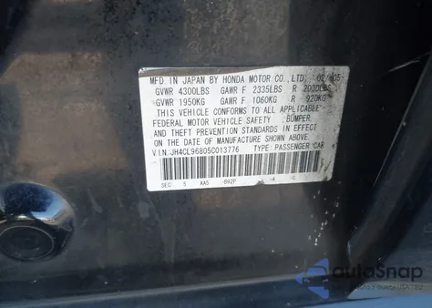 2005 Acura Tsx from USA, damaged, VIN JH4CL96805C013776